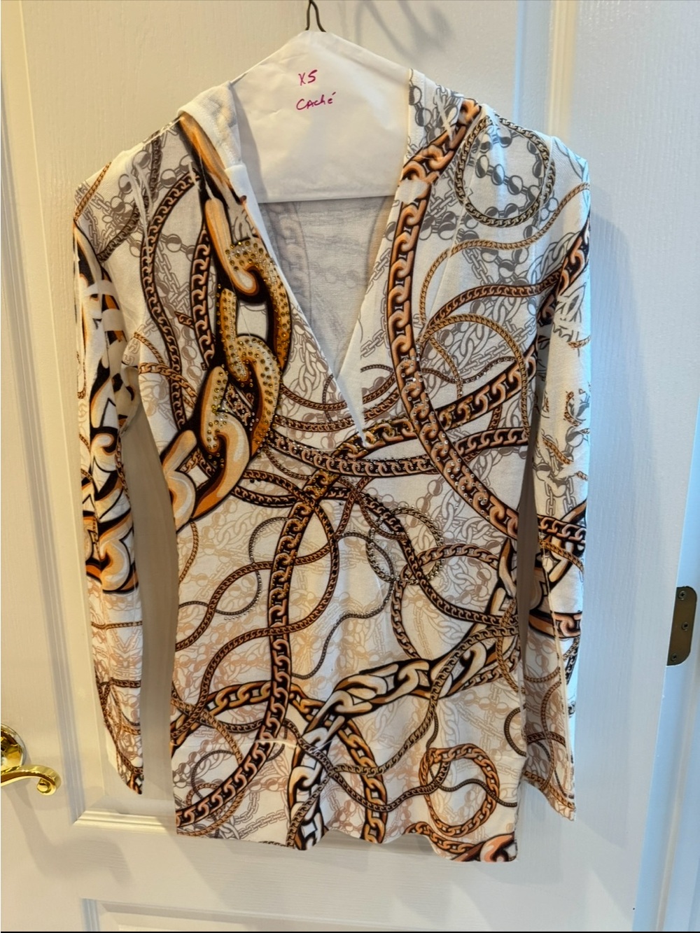 Cache White Hooded Long-Sleeve Top with Gold & Brown Chain Print